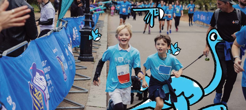 Two boys jogging through a park surrounded by other participants. Doodles of birds surround them.
