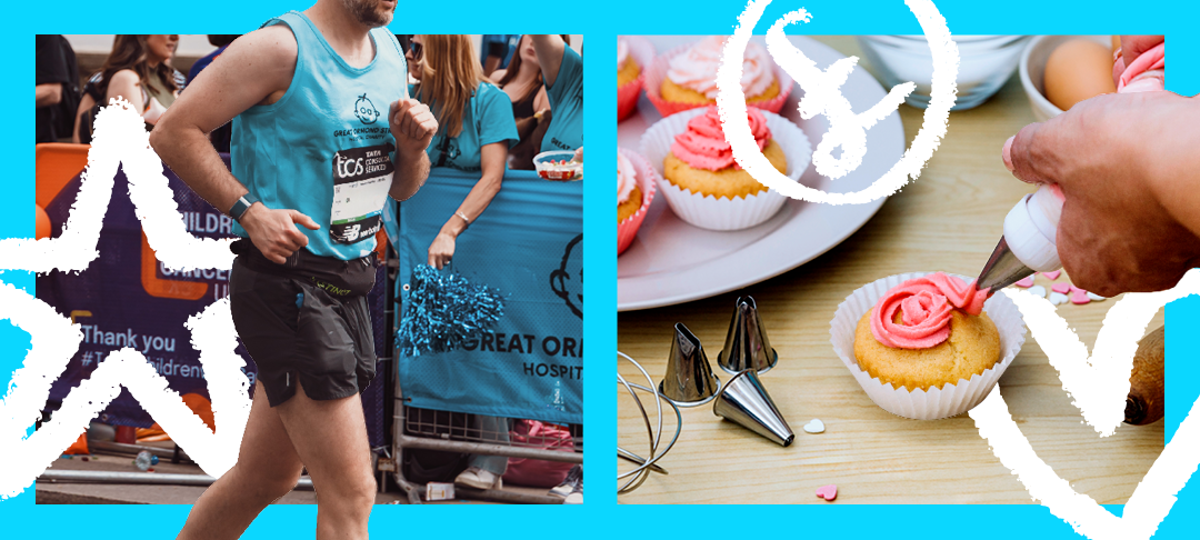 A collage of two images. On the left is a GOSH runner, with cheerers in the background and white star doodles overlayed. On the right side is an image of someone decorating cupcakes with pink icing with white heart and pound coin doodles overlayed.