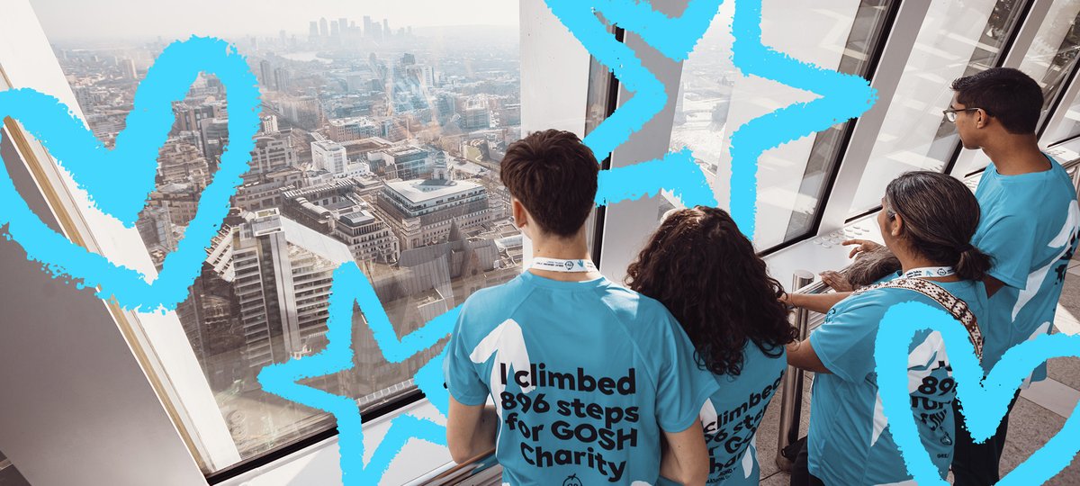 A group of participants at the Walkie Talkie Tower Climb. Illustrations of hearts and stars overlay the image