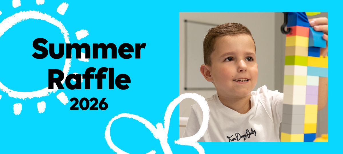 A blue banner with white illustrations featuring a picture of Ricky Junior. The text says Summer Raffle 2026 in black.