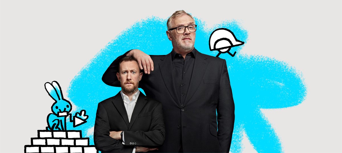 Taskmaster's Alex Horne stands with arms folded while Greg Davies rests his hand on his head. GOSH Charity illustrations in the background, highlighting the appeal for the new Children's Cancer Centre build.