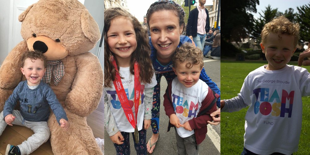 Three pictures of George with a teddy bear, with his family after a triathlon, and in his TeamGOSH t-shirt.