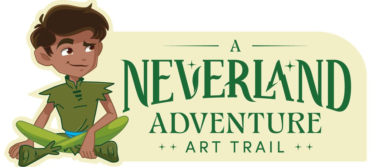A Neverland Adventure Art Trail logo which includes a cartoon drawing of Peter Pan sitting down cross legged and smiling