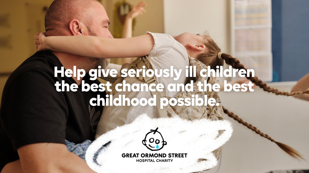 A child hugging a loved one. Text reading: Help give seriously ill children the best chance and the best childhood possible