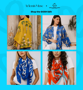 A yellow patterned kimono and blue patterned  kimono. A red patterned scarf and blue patterned scarf.