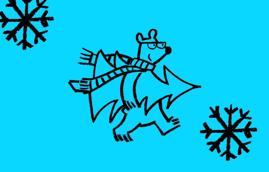 Illustration of a bear carrying Christmas tree. Blue background.