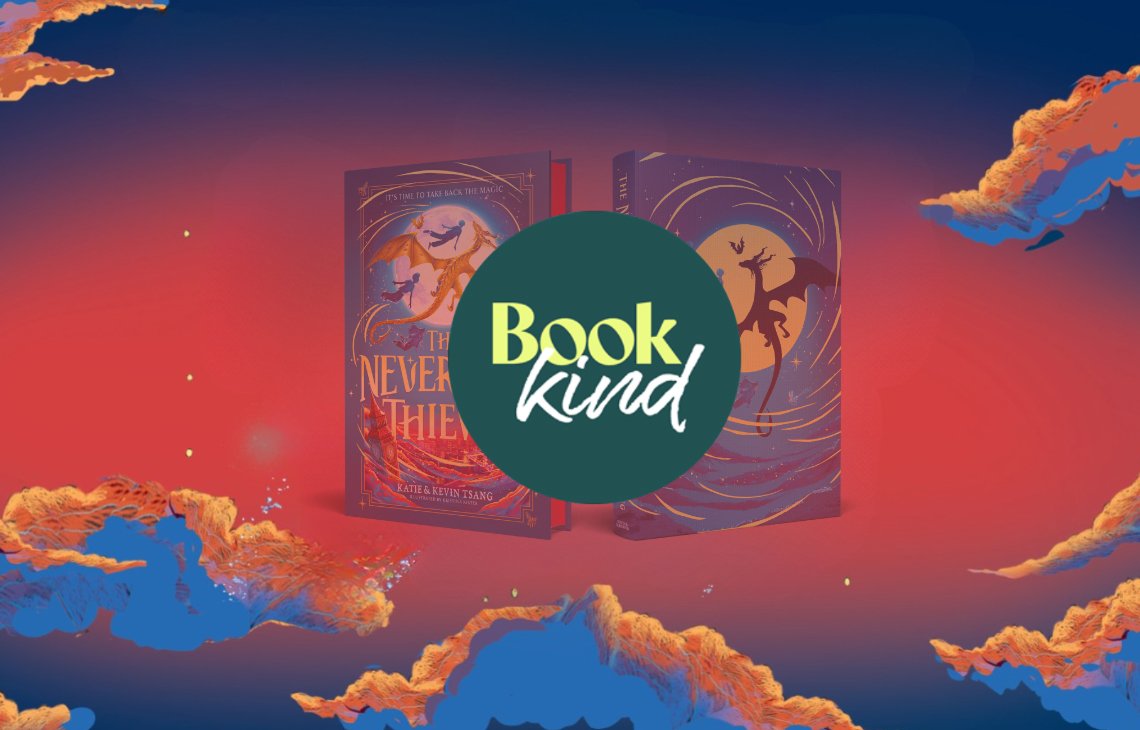 BookKind logo with the book Neverland Thieves in the background