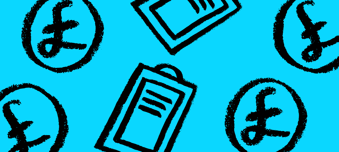 A blue background with black pound coins and black clip board doodles floating