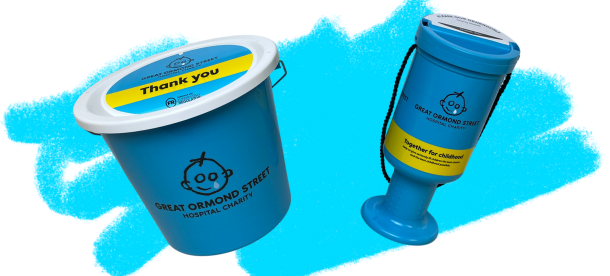 A blue plastic collection bucket and a blue plastic collection pot.