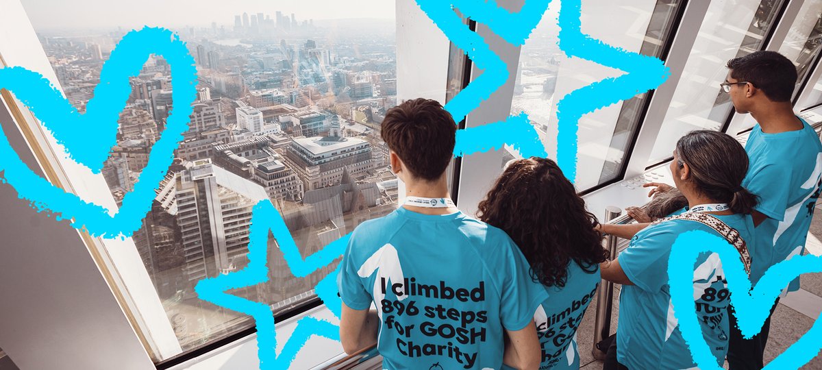 A group of participants at the Walkie Talkie Tower Climb. Illustrations of hearts and stars overlay the image