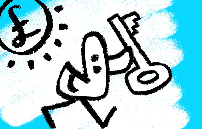 Doodle of a duck with a giant key with a pound coin alongside.