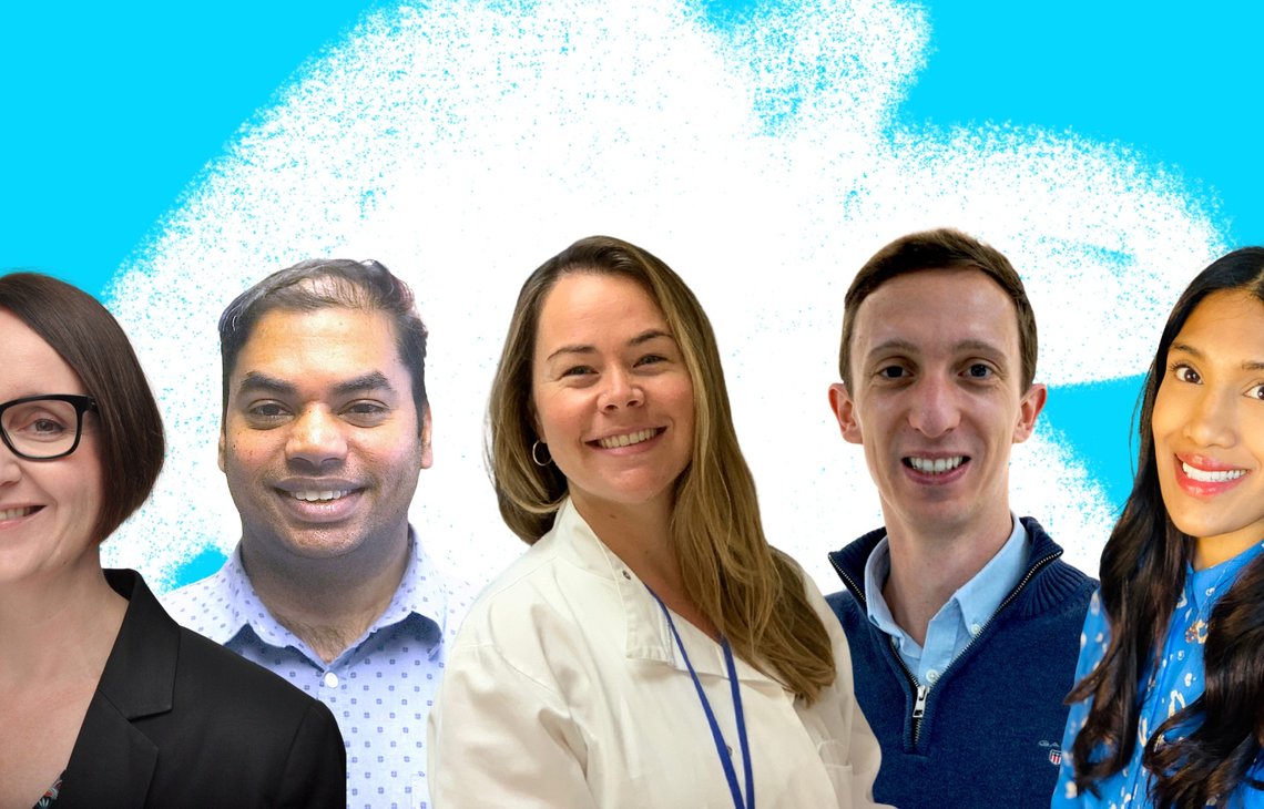 Collage of the five researchers on a white scribble doodle and light blue background. From left to right: Dr Amy McTague, Dr Naresh Hanchate, Dr Jennie Chandler, Dr Rob Hynds, Dr Satyamaanasa Polubothu.