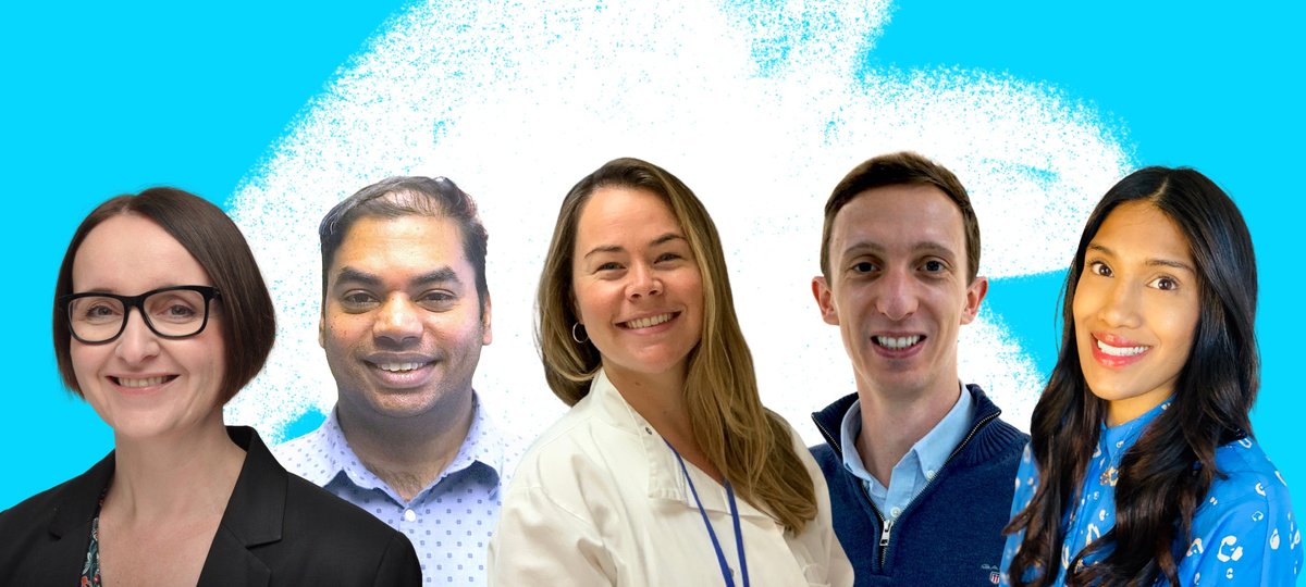 Collage of the five researchers on a white scribble doodle and light blue background. From left to right: Dr Amy McTague, Dr Naresh Hanchate, Dr Jennie Chandler, Dr Rob Hynds, Dr Satyamaanasa Polubothu.