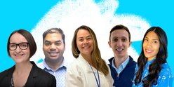 Collage of the five researchers on a white scribble doodle and light blue background. From left to right: Dr Amy McTague, Dr Naresh Hanchate, Dr Jennie Chandler, Dr Rob Hynds, Dr Satyamaanasa Polubothu.