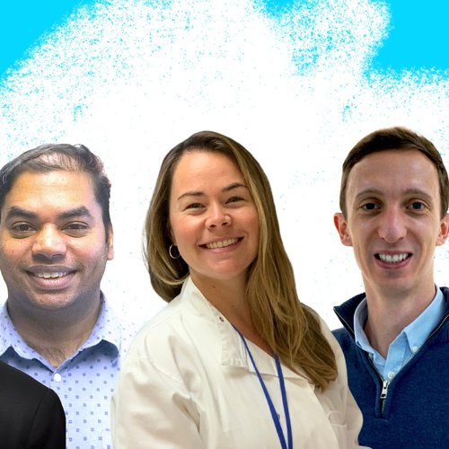 Collage of the five researchers on a white scribble doodle and light blue background. From left to right: Dr Amy McTague, Dr Naresh Hanchate, Dr Jennie Chandler, Dr Rob Hynds, Dr Satyamaanasa Polubothu.