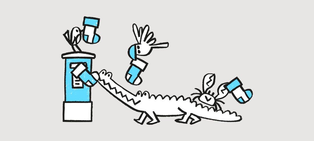 Illustration of a crocodile, crab, robin and other bird posting a stocking into a letterbox.