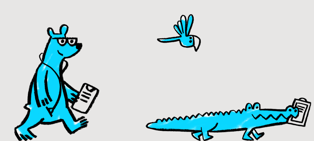 On a grey background is a blue bear carrying a clipboard, a blue alligator carrying a clipboard and a blue parrot flying above them