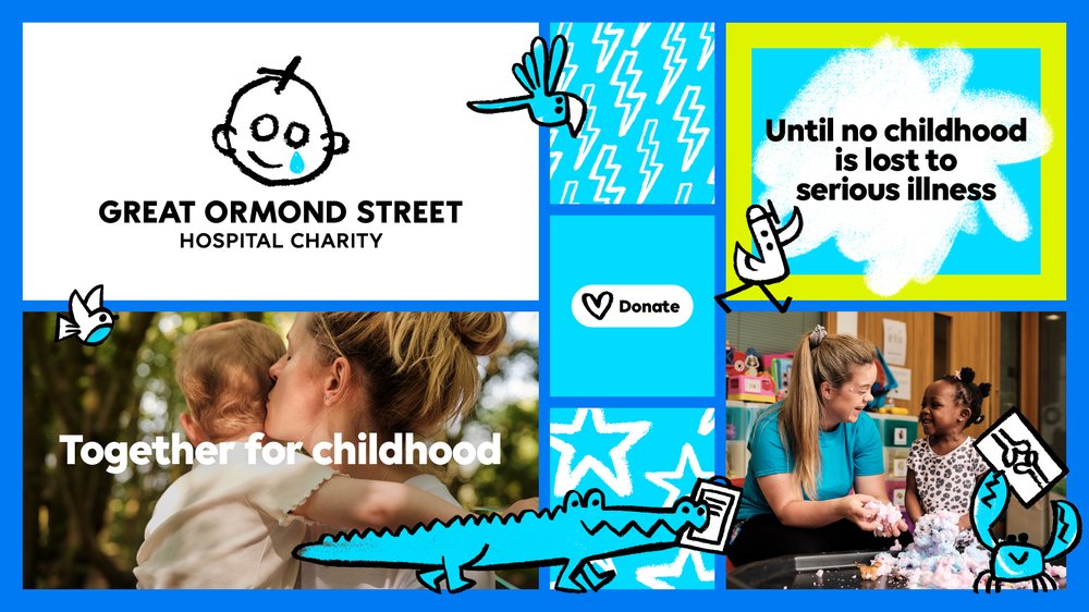 Overview showing new brand, including new logo, new messaging, new photography and new illustrations. One image shows a little girl with her mum in the park and the other shows a little girl playing with a member of the Play team at GOSH. There are illustrations of birds, crab and a crocodile.