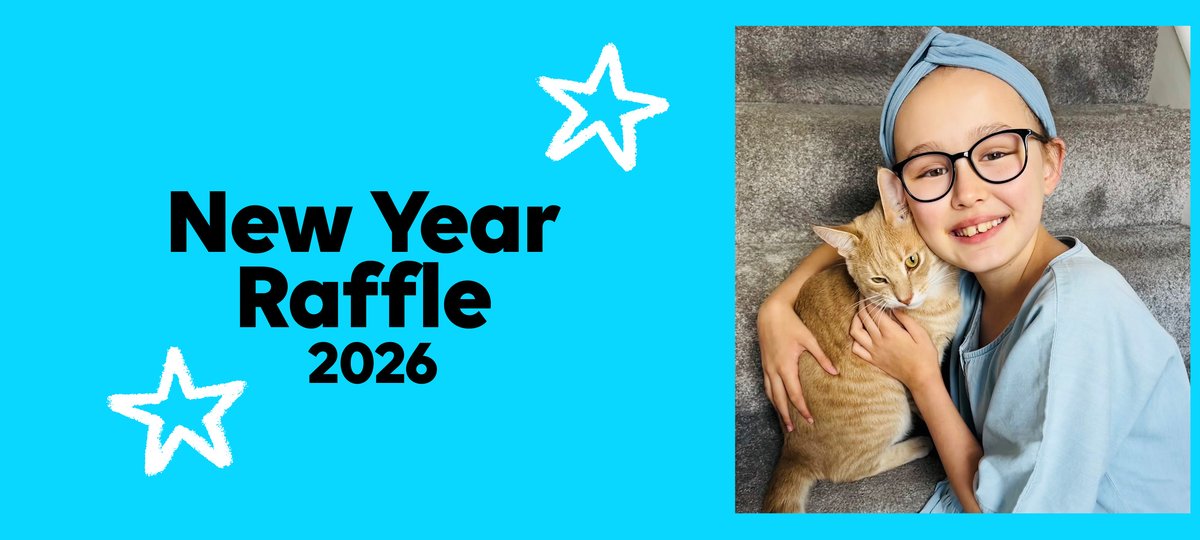 A light blue background with text reading 'New Year Raffle 2026' and a picture of Skye, with her cat, on the right.