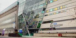 The Morgan Stanley Clinical Building entrance, on Guilford Street, covered in artwork commissioned by GOSH Arts.