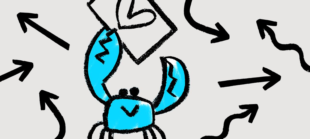 A grey background with black squiggly arrow doodles in the background and a blue crab holding up a loveheart sign in the foreground