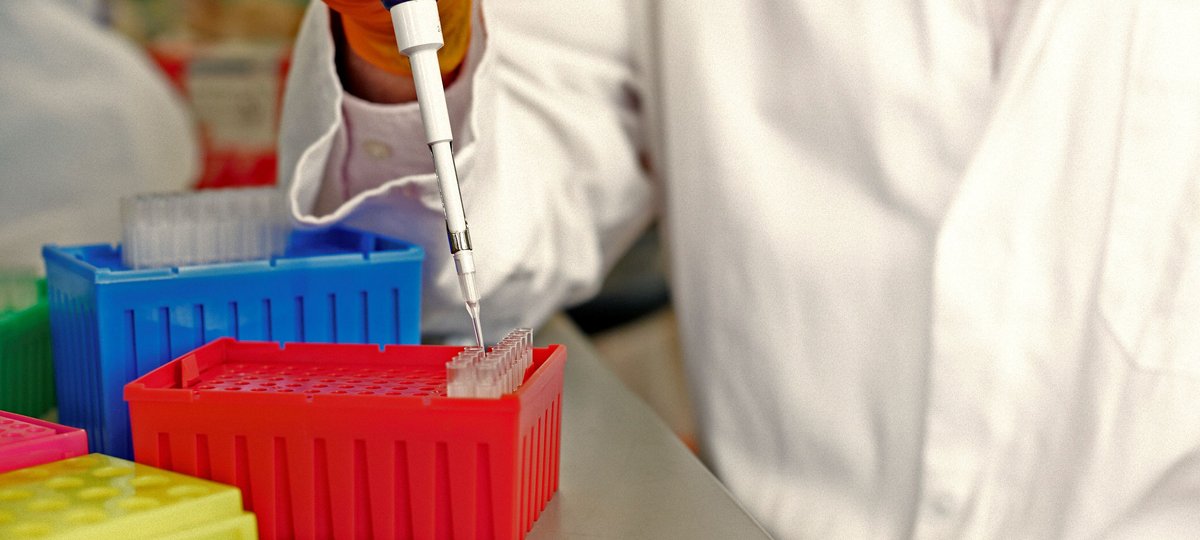 A researcher using a pipette at a lab bench