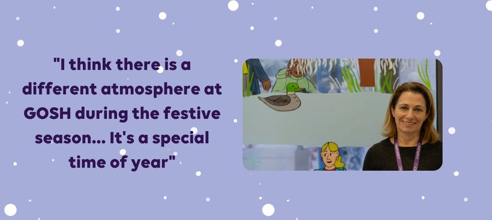 Photo of Michele next to quote reading "I think there's a different atmosphere at GOSH during the festive season. It's a special time of year."