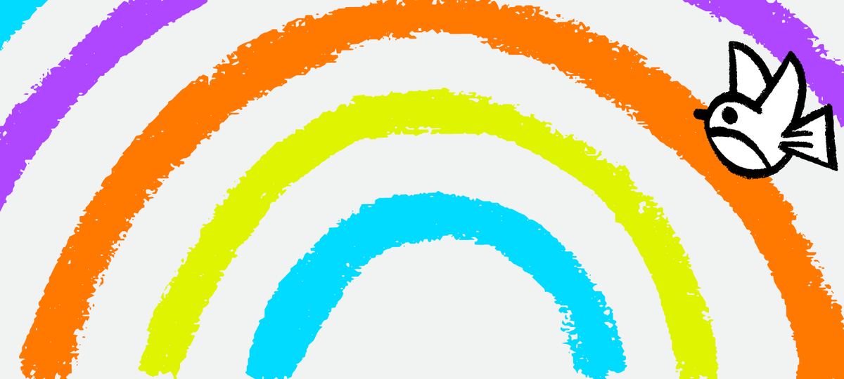 A child-like cartoon drawing on a rainbow