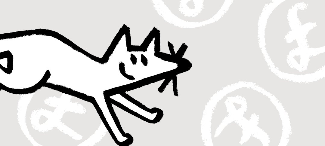 A grey background with white pound coin doodles in the background and a black fox doodle jumping in the foreground