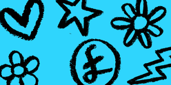 Blue back ground with black doodles of a heart flower star pound sign and lightning bolt