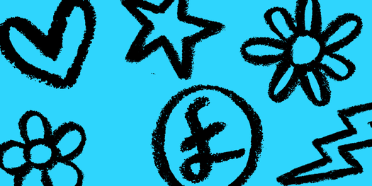 Blue back ground with black doodles of a heart flower star pound sign and lightning bolt