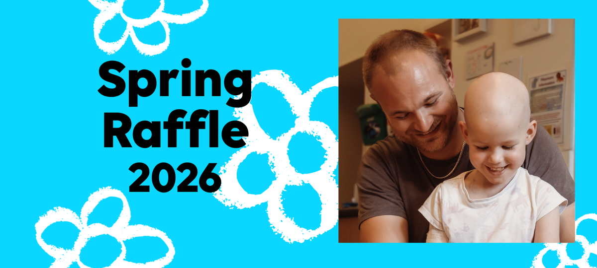 A blue banner with white flowers featuring a picture of Aubrey and her dad smiling. The text says Spring Raffle 2026 in black.