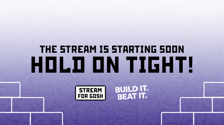 A graphic with a purple background that says 'The Stream is starting soon. Hold tight!' in black with a text that looks like a video game.