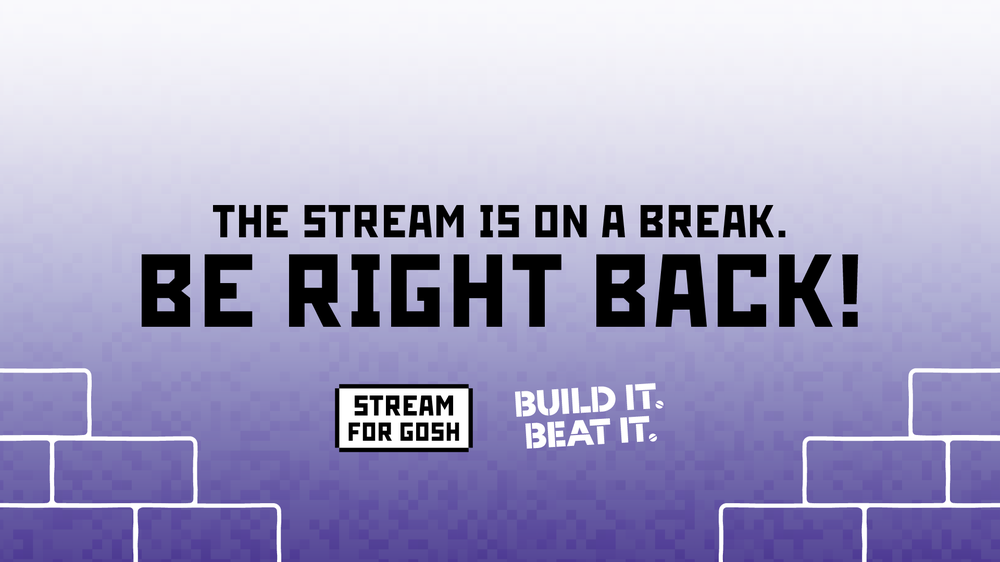 A graphic with a purple background that says 'The stream is on a break. Be right back!' The text is in black and in the style of a video game.