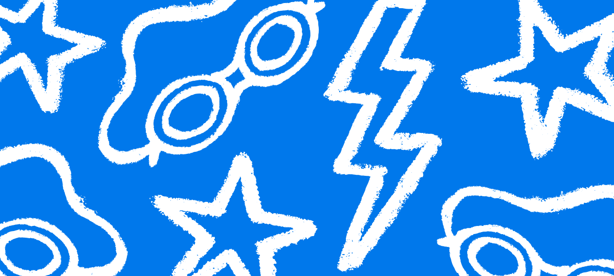 White doodle-style stars, lightning bolts, and goggles on a bright blue background.
