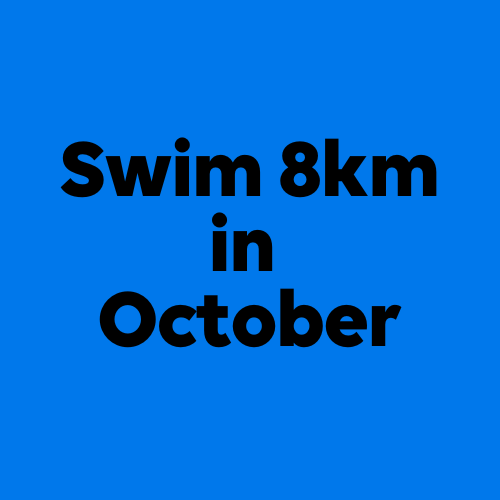 Blue background with text Swim 8km in October for Great Ormond Street Hospital Charity