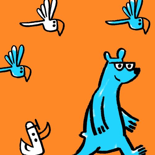 Orange background with blue cartoon animals of a bear, duck and parrots