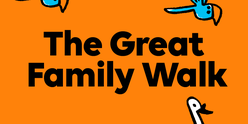 Orange background with blue and white cartoon animals of a bear, crocodile, duck and birds with wording The Great Family Walk.