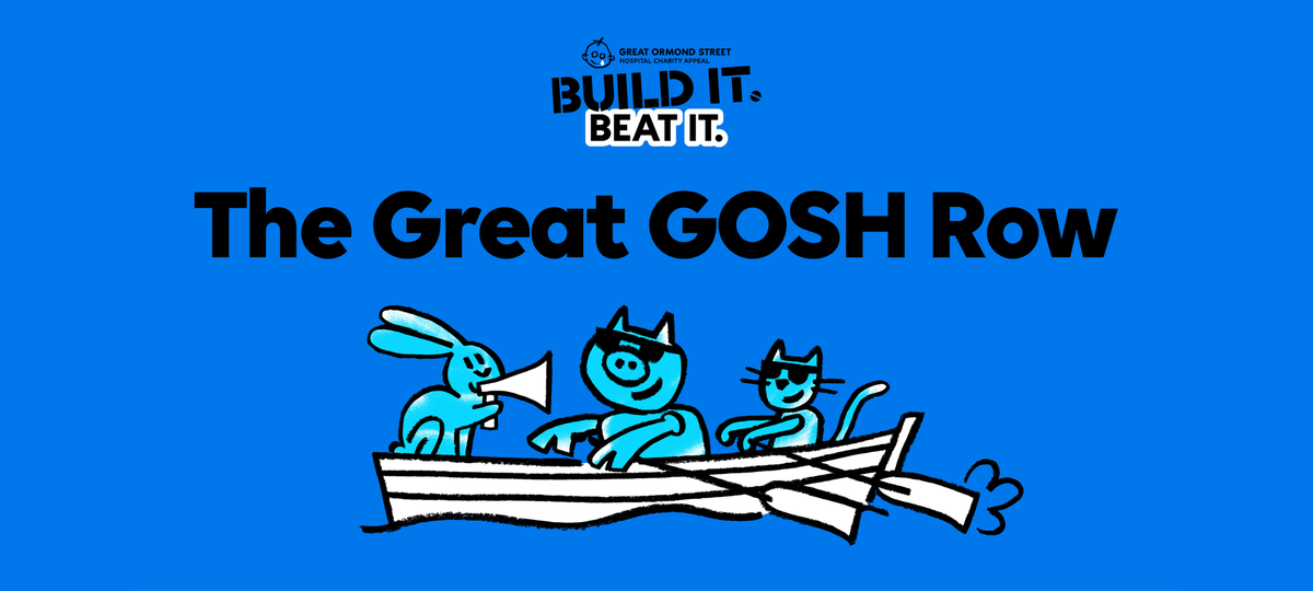 Characters, including a pig, rabbit and cat, rowing a boat along the thames
