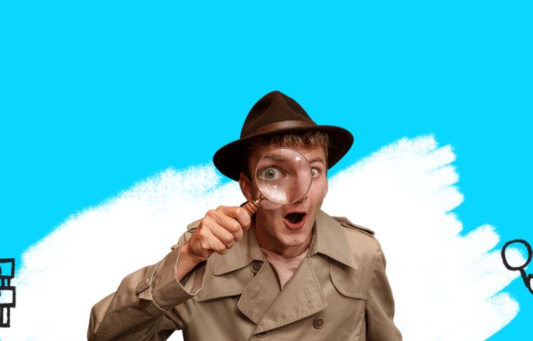 TommyInnit in detective clothes. Blue background with doodles of a duck with a magnifying glass and a newspaper with eyes