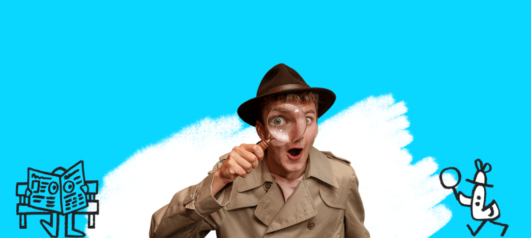 TommyInnit in detective clothes. Blue background with doodles of a duck with a magnifying glass and a newspaper with eyes