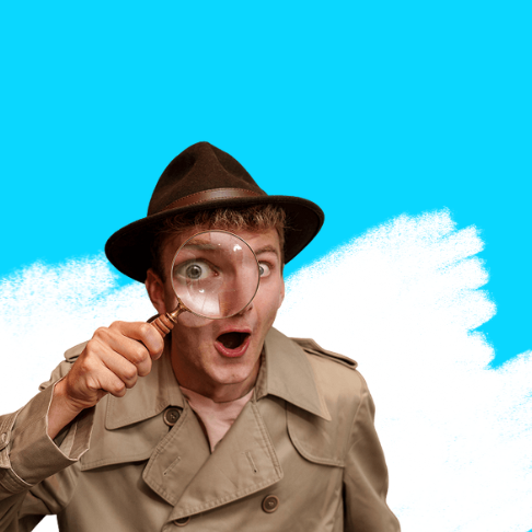 TommyInnit in detective clothes. Blue background with doodles of a duck with a magnifying glass and a newspaper with eyes