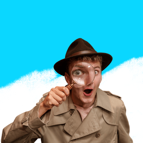 TommyInnit in detective clothes. Blue background with doodles of a duck with a magnifying glass and a newspaper with eyes