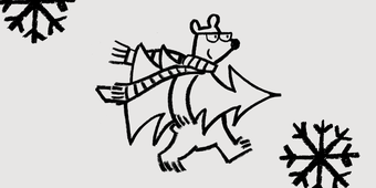 Illustration of a bear carrying Christmas tree. Grey background.