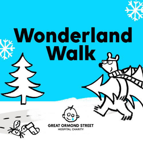 Light blue background with black bold text Wonderland Walk, cartoon doodles of a bear carrying a tree and white snowflakes