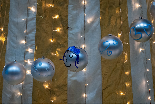 baubles decorated by children at Great Ormond Street Hospital