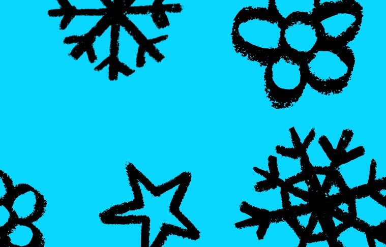 blue background with doodles of a sun, stars, flowers and snowflakes