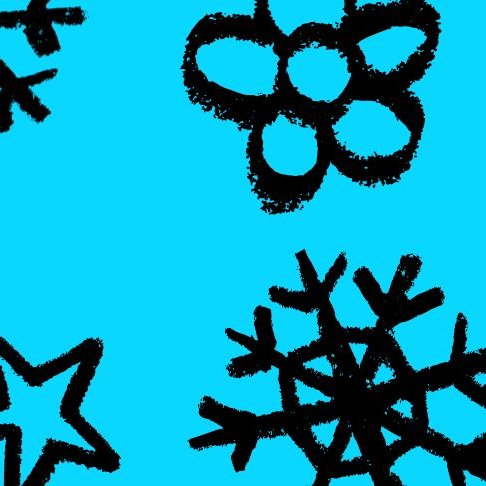 blue background with doodles of a sun, stars, flowers and snowflakes
